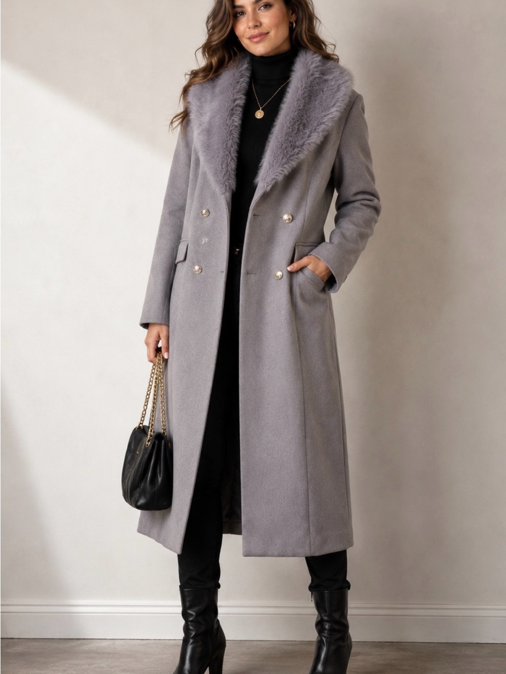 NWT Love For Humanity Couture Gray Faux Fur Collar Long Coat XL
